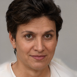 Joyful white adult female with short  brown hair and brown eyes