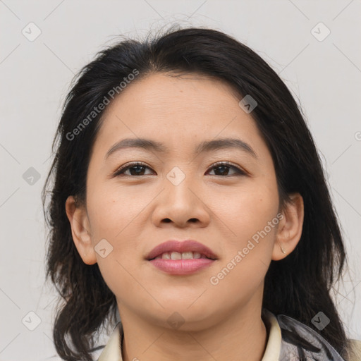 Joyful asian young-adult female with medium  brown hair and brown eyes