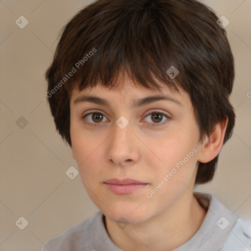 Neutral white young-adult female with short  brown hair and brown eyes