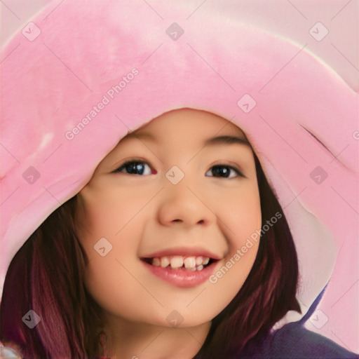 Joyful white child female with long  brown hair and brown eyes