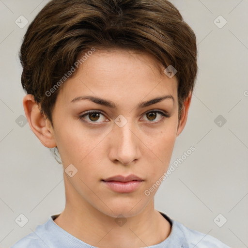 Neutral white young-adult female with short  brown hair and brown eyes