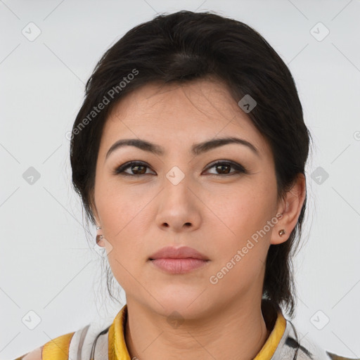 Neutral asian young-adult female with medium  brown hair and brown eyes