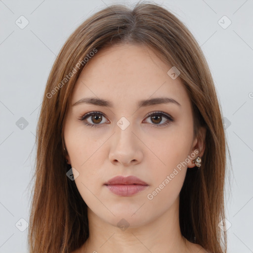 Neutral white young-adult female with long  brown hair and brown eyes