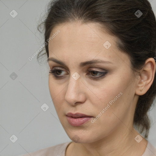 Neutral white young-adult female with medium  brown hair and brown eyes