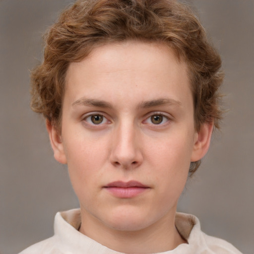 Neutral white young-adult female with short  brown hair and brown eyes