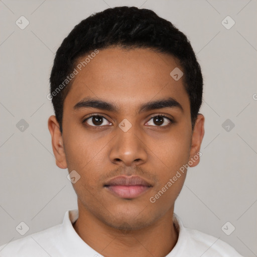 Neutral latino young-adult male with short  black hair and brown eyes