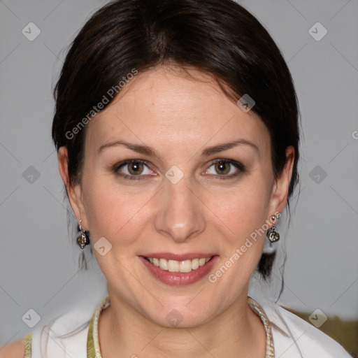 Joyful white adult female with medium  brown hair and grey eyes