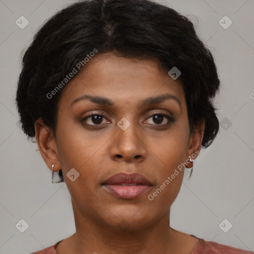 Neutral black young-adult female with short  brown hair and brown eyes