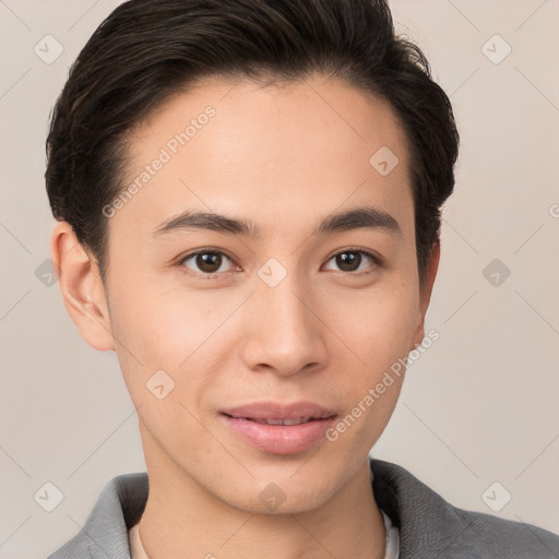 Joyful white young-adult male with short  brown hair and brown eyes