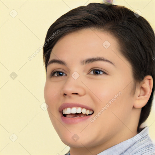 Joyful white young-adult female with short  black hair and brown eyes