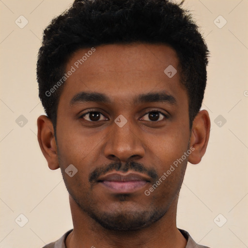 Neutral black young-adult male with short  black hair and brown eyes