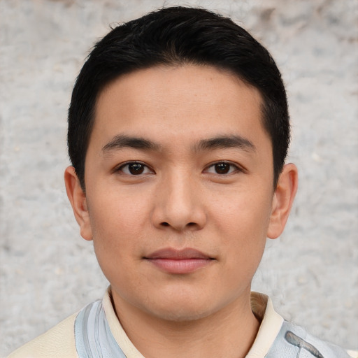 Neutral white young-adult male with short  black hair and brown eyes