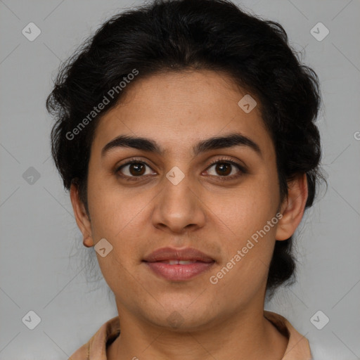 Joyful latino young-adult female with short  brown hair and brown eyes