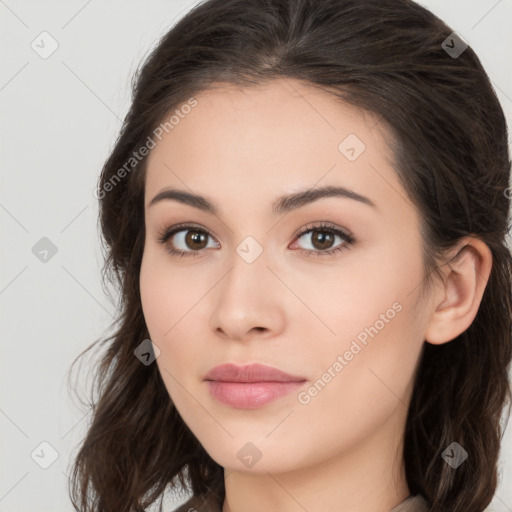 Neutral white young-adult female with long  brown hair and brown eyes