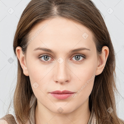 Neutral white young-adult female with long  brown hair and grey eyes