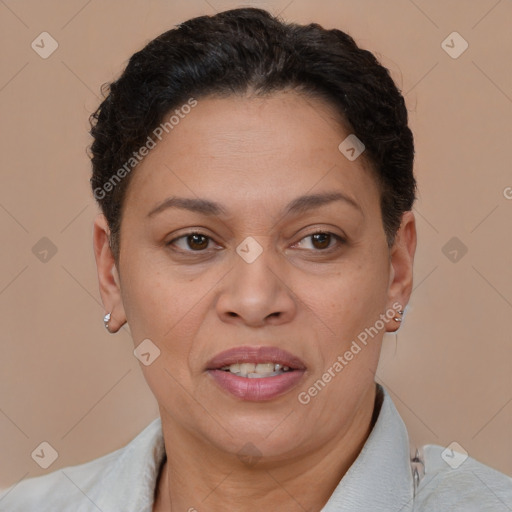 Joyful white adult female with short  brown hair and brown eyes