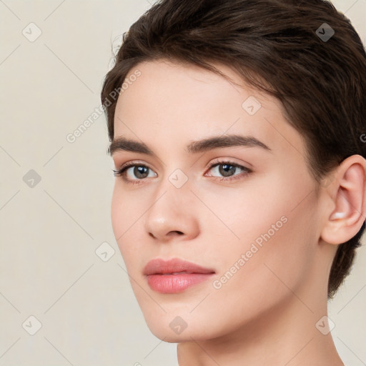 Neutral white young-adult female with medium  brown hair and brown eyes