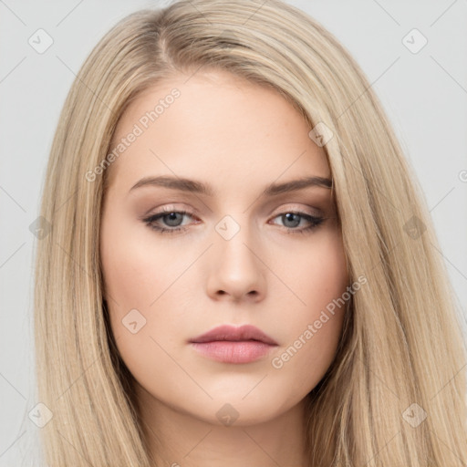 Neutral white young-adult female with long  brown hair and brown eyes