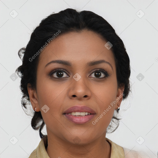 Joyful latino young-adult female with medium  black hair and brown eyes