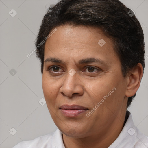 Joyful white adult female with short  brown hair and brown eyes