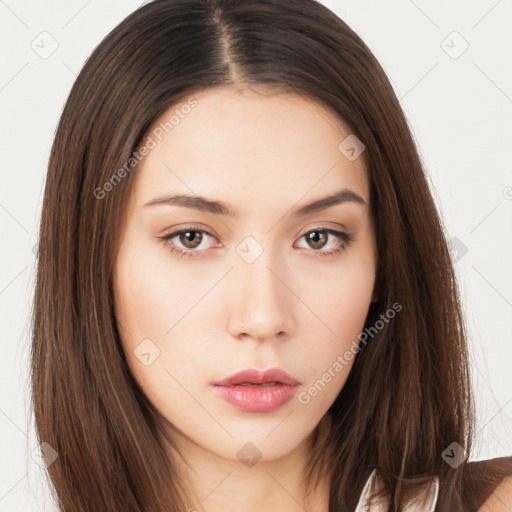 Neutral white young-adult female with long  brown hair and brown eyes