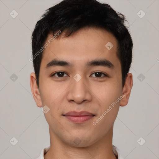 Joyful asian young-adult male with short  black hair and brown eyes