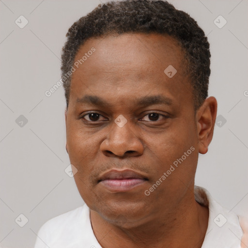 Joyful black young-adult male with short  brown hair and brown eyes