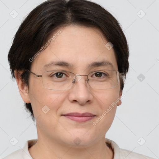 Joyful white adult female with short  brown hair and brown eyes