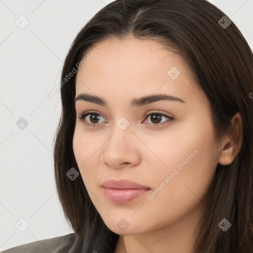 Neutral white young-adult female with long  brown hair and brown eyes