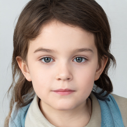 Neutral white child female with medium  brown hair and grey eyes