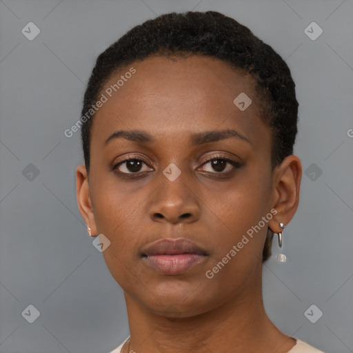 Neutral black young-adult female with short  brown hair and brown eyes