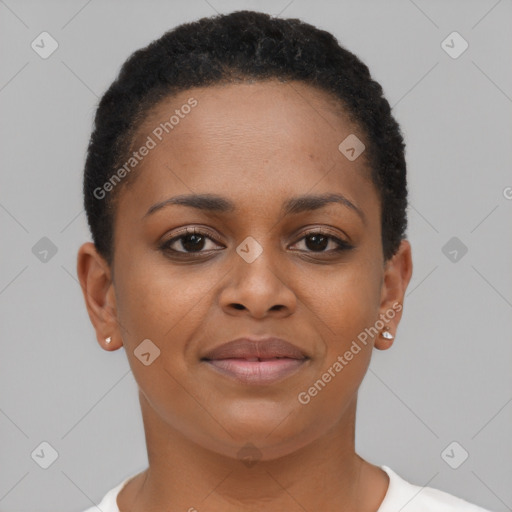 Joyful black young-adult female with short  brown hair and brown eyes