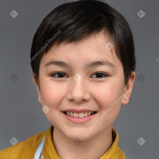 Joyful white child female with short  brown hair and brown eyes