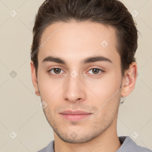 Neutral white young-adult male with short  brown hair and brown eyes