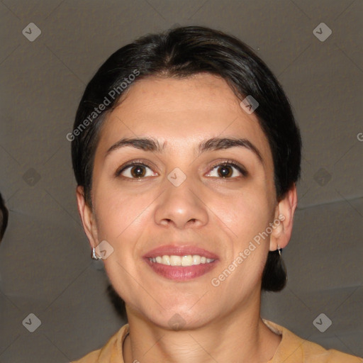 Joyful white young-adult female with short  brown hair and brown eyes