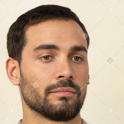 Neutral white young-adult male with short  brown hair and brown eyes