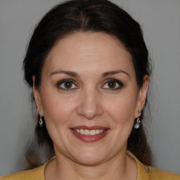 Joyful white adult female with medium  brown hair and brown eyes