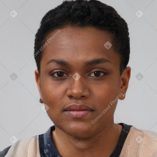 Neutral black young-adult female with short  brown hair and brown eyes