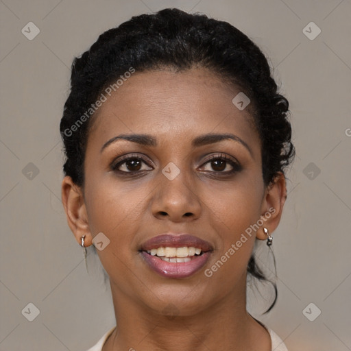 Joyful black young-adult female with medium  brown hair and brown eyes