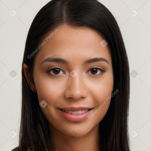 Joyful latino young-adult female with long  black hair and brown eyes