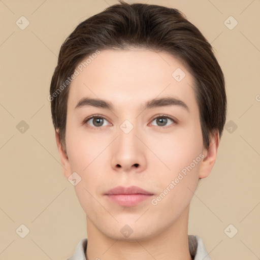 Neutral white young-adult male with short  brown hair and brown eyes