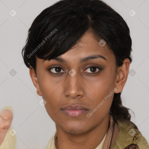 Neutral latino young-adult female with short  brown hair and brown eyes