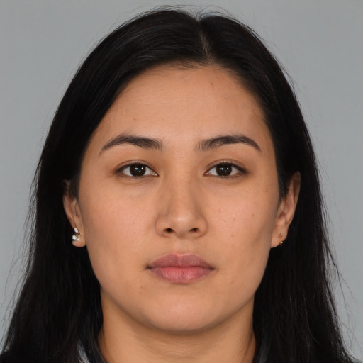 Neutral asian young-adult female with long  brown hair and brown eyes