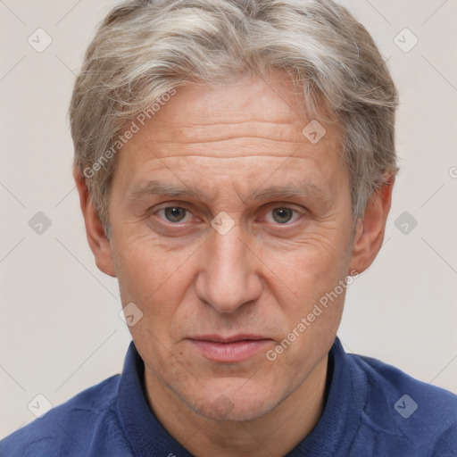 Joyful white middle-aged male with short  brown hair and brown eyes