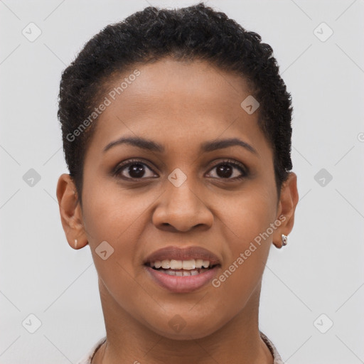 Joyful black young-adult female with short  brown hair and brown eyes