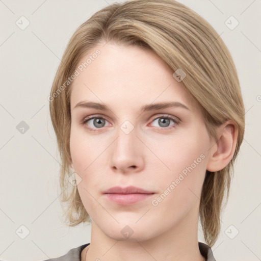 Neutral white young-adult female with medium  brown hair and grey eyes