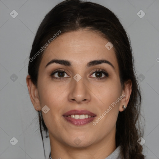 Joyful white young-adult female with medium  brown hair and brown eyes