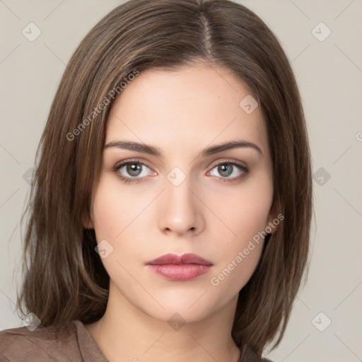 Neutral white young-adult female with medium  brown hair and brown eyes