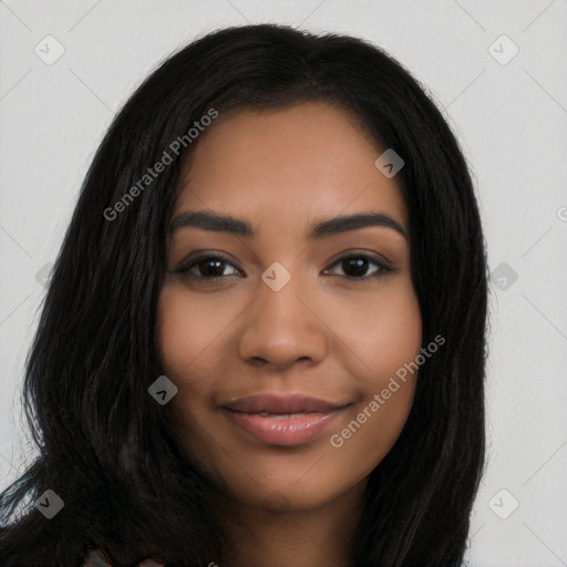 Joyful latino young-adult female with long  black hair and brown eyes