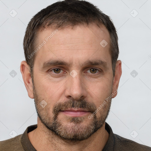 Neutral white adult male with short  brown hair and grey eyes